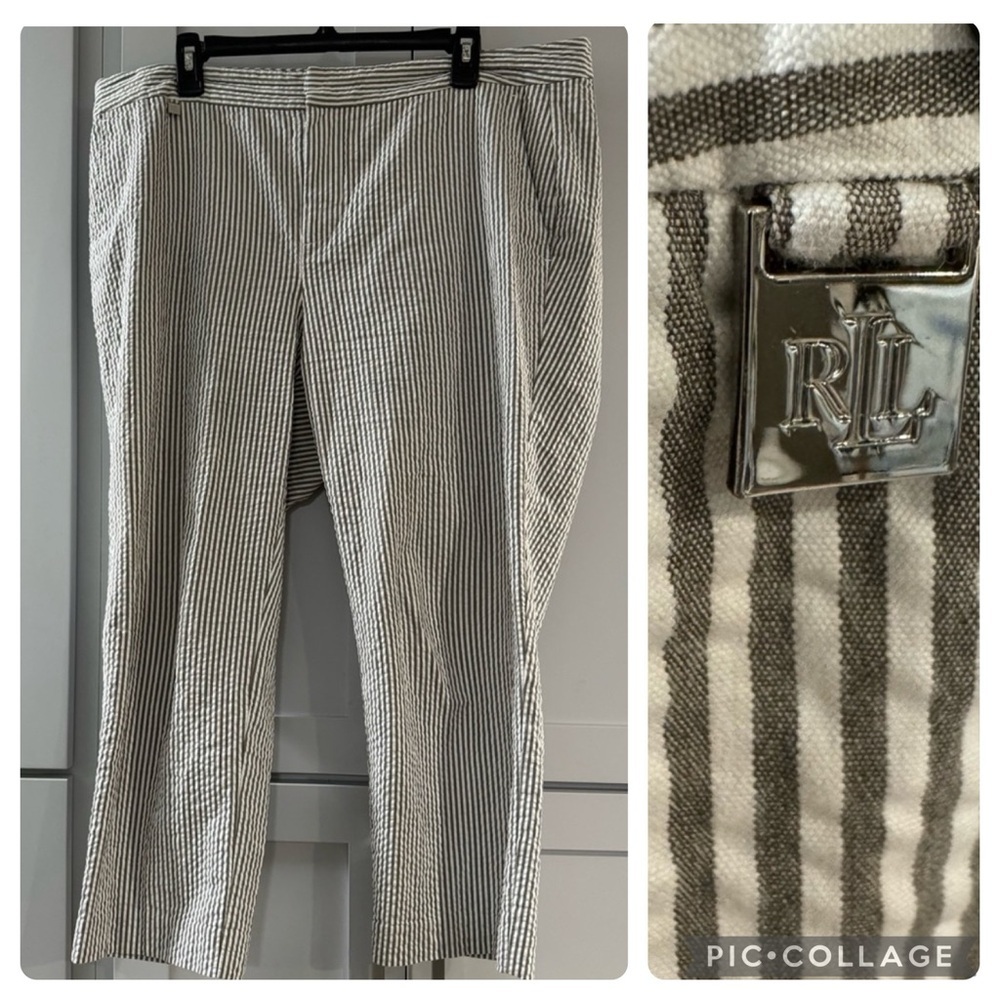 Lauren Ralph Lauren Cropped White & Gray‎ Striped Seersucker Pants size 14W